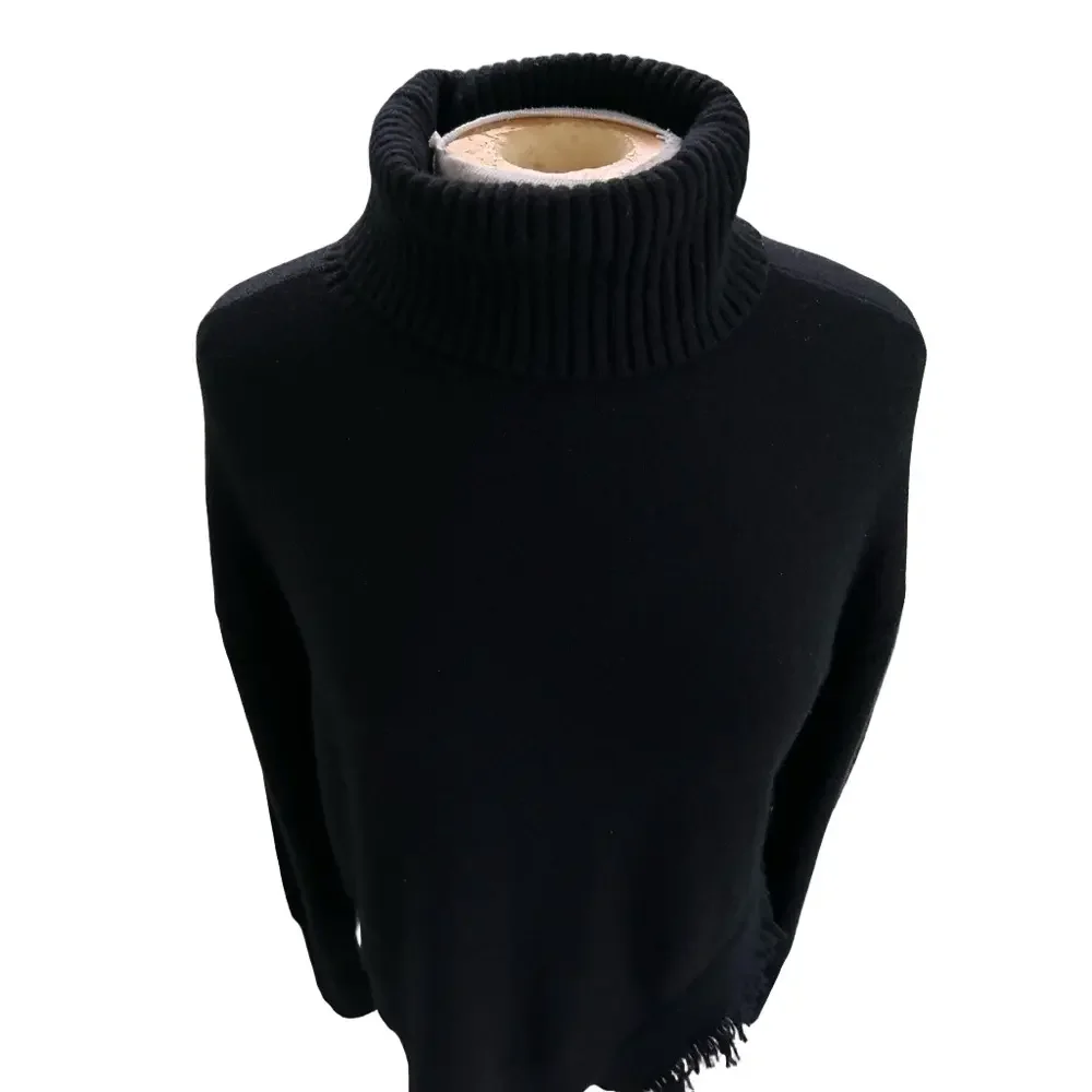Vineyard Vines Black Size Small Sweater Wool Cashmere Fringe Trim Turtleneck